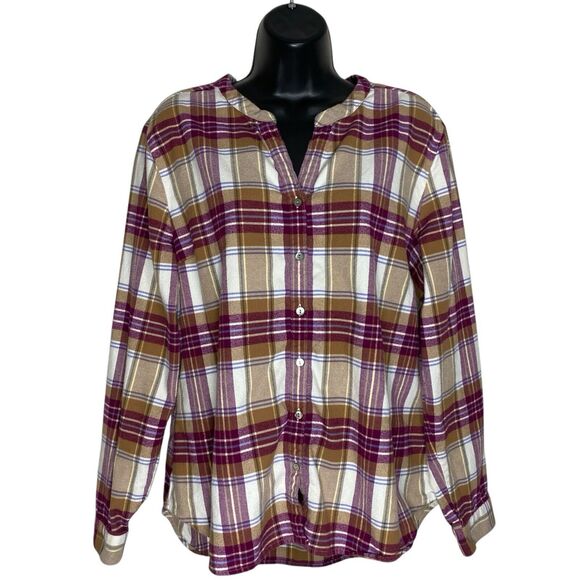 LL Bean Flannel Shirt Womens L Button Up V Neck Plaid Band Collar Outdoor Cabin - Picture 1 of 8
